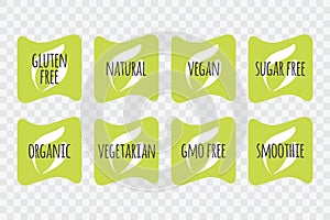 Organic Vegan Vegetarian Natural Smoothie Gluten GMO Sugar Free vector sticker set. Isolated green labels. Symbol for food, drink