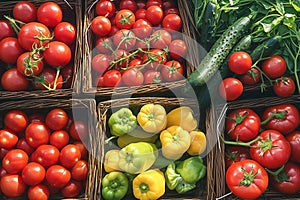 Organic vegetable assortment in basket tomatoes, cucumbers, eggplants, beans