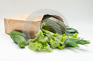 Organic vegetables. bag of products on a white wooden background. Crop agronomist from the garden