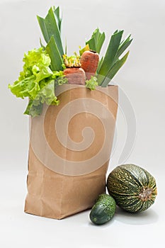 Organic vegetables. bag of products on a white wooden background. Crop agronomist from the garden