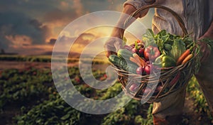 Organic vegetables in a basket in the hands of a farmer. Seasonal harvest