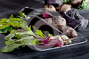 Organic vegetables on blackboard