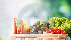 Organic vegetables in box on table and blur background, Healthy food concept.