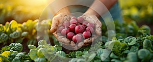 Organic vegetables. Farmers hands with freshly harvested vegetables. Horse radish