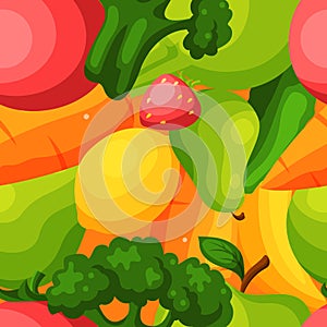 Organic vegetables fruits food seamless pattern flat vector illustration. Healthy eco food product. Wrapping design