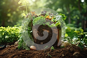 Organic vegetables growing in soil. Gardening and agriculture concept, Green Home Composting, Enriching Soil with Organic Waste in