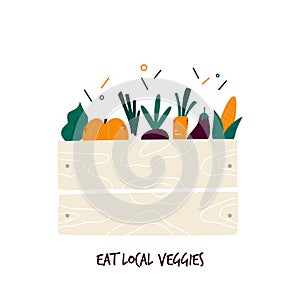 Organic vegetables in wooden box. Farmers harvest, crop. Fresh veggies