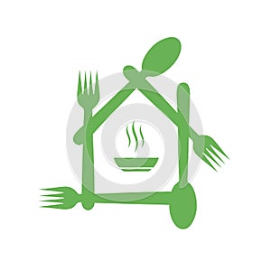 Organic or vegetarian food serving cafe logo with green forks and spoons photo