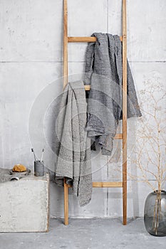 Organic waffle linen towels, bamboo toothbrushes, bathroom zero waste accessories in grey shades
