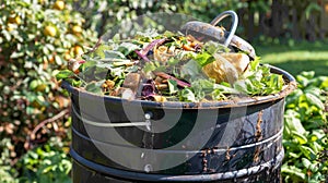 Organic waste composting bin with food scraps and grass cuttings for natural decomposition