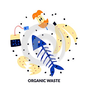 Organic waste isolated on white background. Fish skeleton, tea bag, apple core, eggshell, banana peel. Flat style drawing.