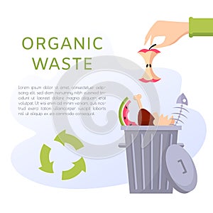 Organic waste vector illustration. Food garbage - apple stump, fish bones, eggshell, meat, watermelon.