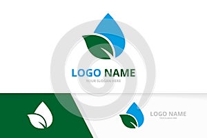 Organic water logo combination. Unique eco aqua drop and leaf logotype design template.