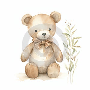 Organic Watercolor Teddy Bear With Bow - Soft And Dreamy Naturalistic Composition