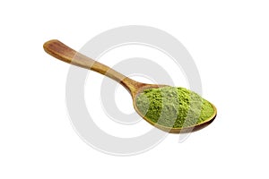 Organic wheatgrass powder in wooden spoon isolated on white background