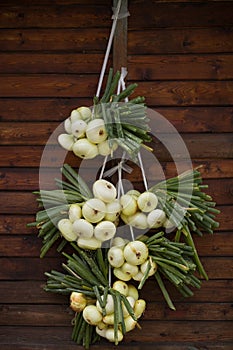 Organic white onions and shallots hanging on wooden background. Harvest. Garden. Health and lifestyle concept