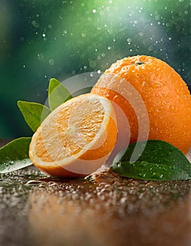 Organic whole and sliced orange fruit in water drops