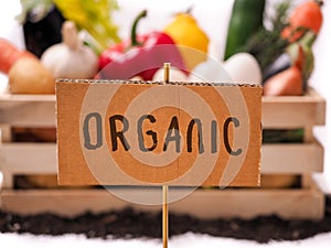 Organic written label tag and vegetables box