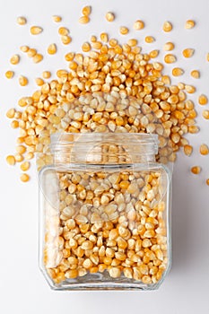Organic yellow corn seed or maize Zea mays, spilled and in a glass jar. photo