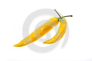 Organic Yellow hot chili peppers Sarit Gat with green stem. photo