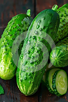 Organically cultivated ripe cucumbers thriving in a controlled greenhouse environment photo