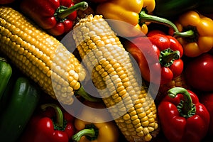 Organically Grown Fresh Farm Products. Vibrant Sweet Corn, Assorted Peppers, and Zucchini - Top View