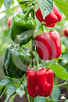 Organically grown ripe bell pepper thriving inside a controlled environment greenhouse