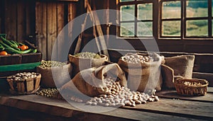 Organically produced and harvested vegetables and fruits from the farm. Fresh Dry beans in wooden crates and sacks.