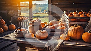Organically produced and harvested vegetables and fruits from the farm. Fresh pumpkins in wooden crates and sacks.