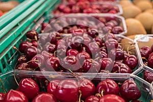 Organics cherry in plastic boxes sold at local city market