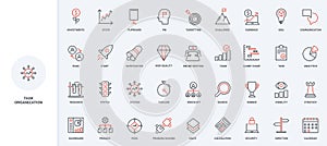 Organization of business task, research process and problem solving line icon set