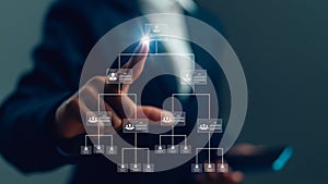 Organization chart on the virtual interface screen. Business process and workflow automation with flowchart. Hierarchical