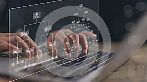 Organization chart on the virtual interface screen. Business process and workflow automation with flowchart. Hierarchical