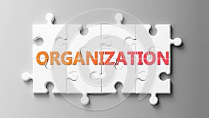 Organization complex like a puzzle - pictured as word Organization on a puzzle pieces to show that Organization can be difficult