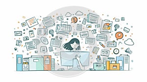 Organization of data archives, office documents and files. Modern illustration of woman sorting paper files. Folders and