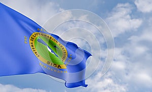 Organization flag Central American Integration System on the background of clouds, fabric flag CAIS, blue sky background with CAIS