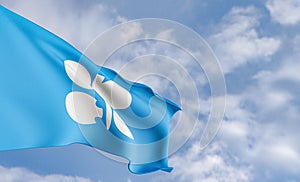 Organization flag OPEC on the background of clouds, fabric flag OPECOPEC, blue sky background with OPEC flag, 3D work and 3D image