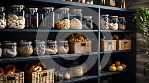 Organization of food storage. Cozy pantry with glass jars and wicker baskets. Dark colour palette. Generative AI