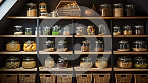 Organization of food storage. Cozy pantry with glass jars and wicker baskets. Dark colour palette. Generative AI