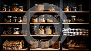 Organization of food storage. Cozy pantry with glass jars and wicker baskets. Dark colour palette. Generative AI