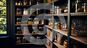 Organization of food storage. Cozy pantry with glass jars and wicker baskets. Dark colour palette. Generative AI