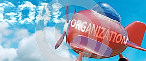 Organization helps achieve a goal - pictured as word Organization in clouds, to symbolize that Organization can help achieving
