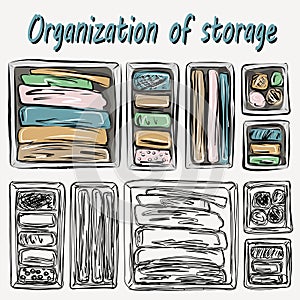 Organization of space, basic wardrobe. Before and after. Organizers for storing things. Clutter, order. Minimalism. Comfort, furni