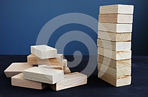 Organization, strategy and risk in business. Tower and piled up from wooden bricks