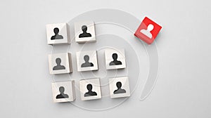 Organization structure, team building, business management or human resources concepts. Person icons on wooden cubes linked to