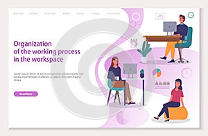 Organization of the working process in the workspace landing page template with group business team