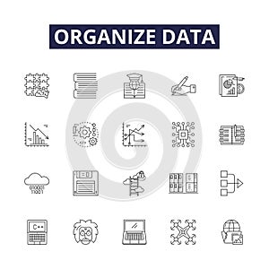 Organize data line vector icons and signs. Classify, Compile, Structure, Organize, Arrange, File, Sort, Catalog outline photo