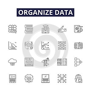 Organize data line vector icons and signs. Classify, Compile, Structure, Organize, Arrange, File, Sort, Catalog outline