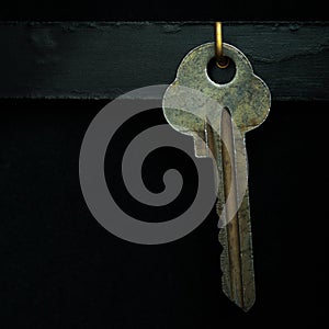 Organize your life, insurance and security concept: a key hanging on golden hook in a key holder box cabinet, black background.