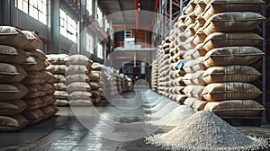 The Organized Array of Sugar Bags in a Fully Stocked Warehouse